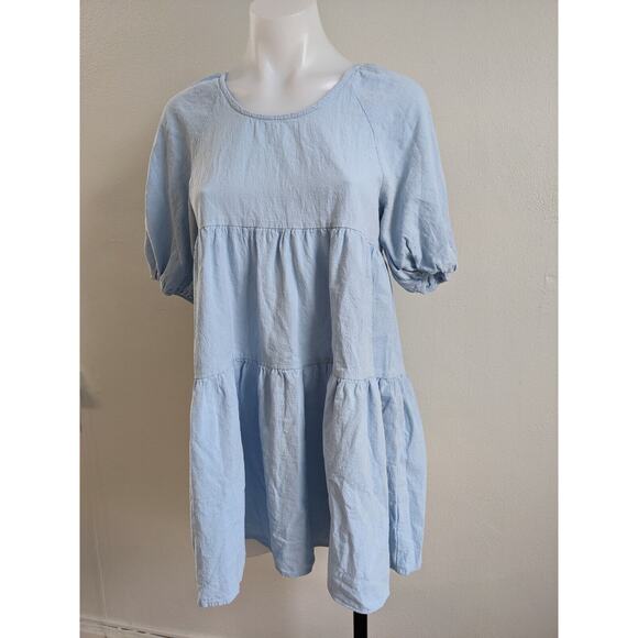 Amorini Size XS Baby Doll Tiered Shift Dress Light Blue Cotton Short Sleeves - Picture 4 of 14